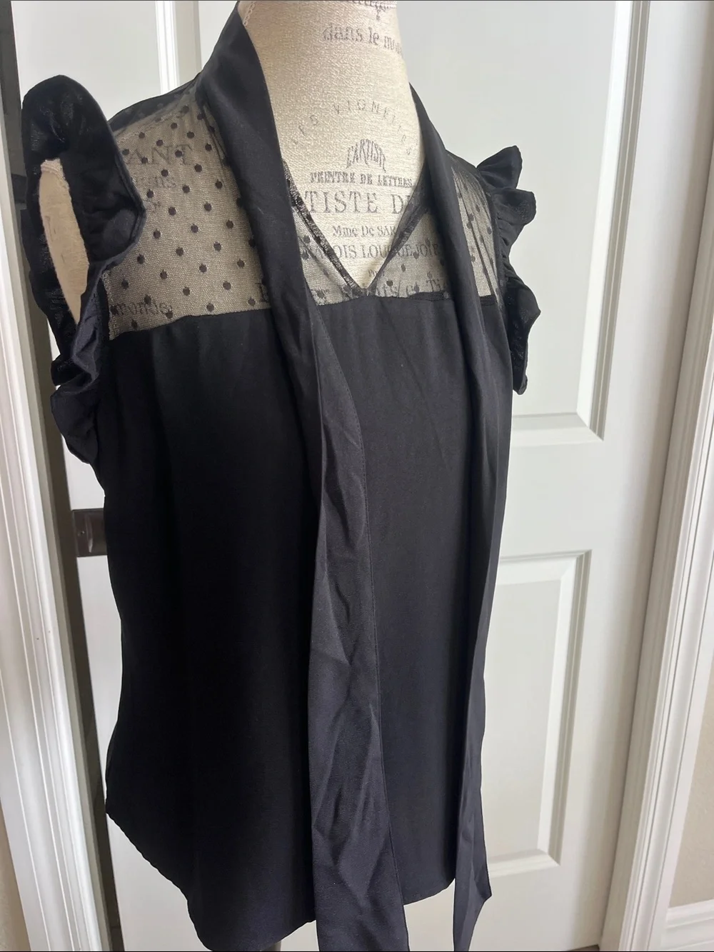 NWT New York & Co black tank polkadot, mesh, ruffles and scarf size medium